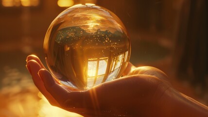 Experience the timeless beauty of a transparent glass globe cradled in a hand, its flawless...