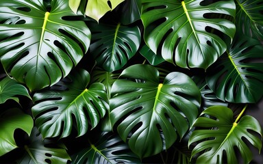 Lush Green Monstera Leaf Background, Tropical leaf detail, wall of monstera leaves