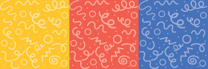 Set of fun colorful line doodle seamless pattern. Creative abstract art background collection for children or festive celebration design.  Simple childish scribble backdrop. Vector illustration eps10.
