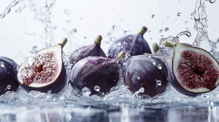 Sweet figs cascading into a pool of water, their rich purple hues creating dramatic splashes that dance and twirl against a pristine white surface.