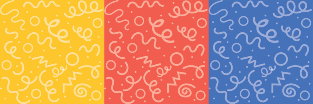 Set of fun colorful line doodle seamless pattern. Creative abstract art background collection for children or festive celebration design.  Simple childish scribble backdrop. Vector illustration eps10.