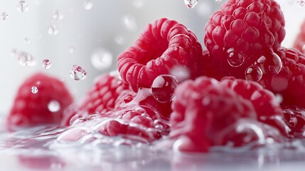 Tart raspberries dropped into a pool of water, their crimson hues bursting forth in a flurry of splashes that dance and twirl against a pristine white surface.