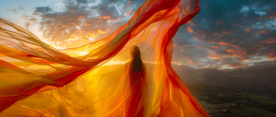 The scarf is flowing in the wind, creating a sense of movement and freedom