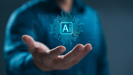 Businessman using artificial intelligence (AI) technology in future business, using artificial...
