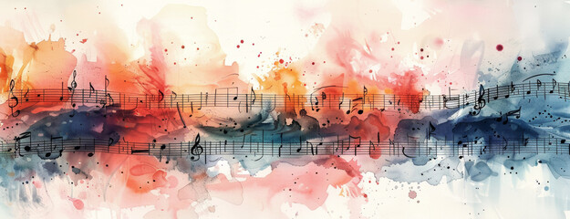 A watercolor painting of musical notes with a red, orange, and blue background