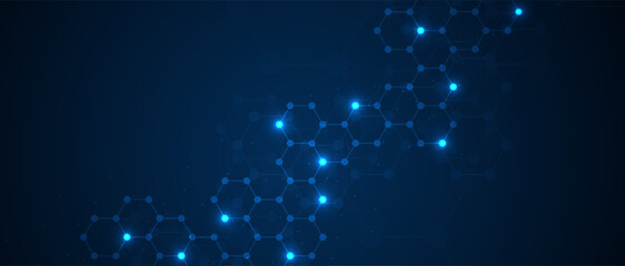 Hexagons pattern on gray background. Genetic research, molecular structure. Chemical engineering. Concept of innovation technology. Used for design healthcare, science and medicine background