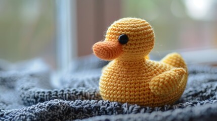 Isolated of the small yellow rubber duck on the lace fabric AI generate - obrazy, fototapety, plakaty