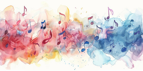 A colorful watercolor painting of musical notes