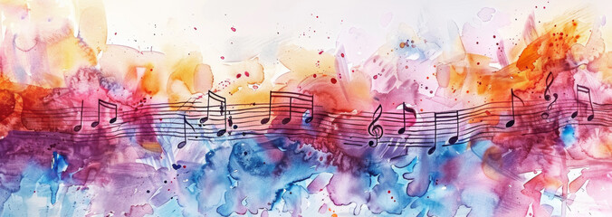 A colorful painting of musical notes with a blue and pink background