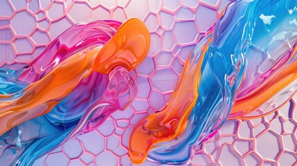 Abstract canvas with intertwining liquids in pink, orange, blue, and violet over a hexagonal pattern.