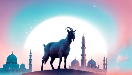 A goat standing in front of a mosque with vibrant Islamic background for Eid al adha.