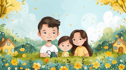 A family is sitting and talking in front of a house surrounded by many trees and flowers.