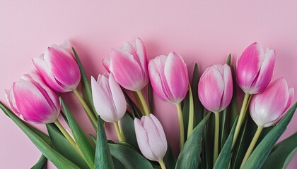 Fototapeta premium Beautiful composition spring flowers. Bouquet of pink tulips flowers on pastel pink backgrou