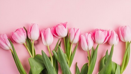 Beautiful composition spring flowers. Bouquet of pink tulips flowers on pastel pink backgrou