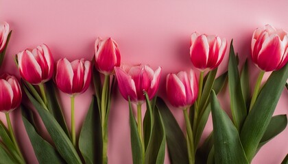 Fototapeta premium Beautiful composition spring flowers. Bouquet of pink tulips flowers on pastel pink backgrou