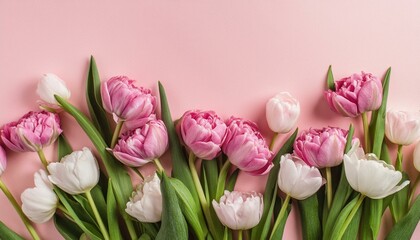 Fototapeta premium Beautiful composition spring flowers. Bouquet of pink tulips flowers on pastel pink backgrou
