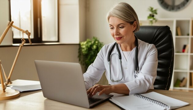 Mature woman therapist working on laptop, sit at desk with papers, prepare treatment plan