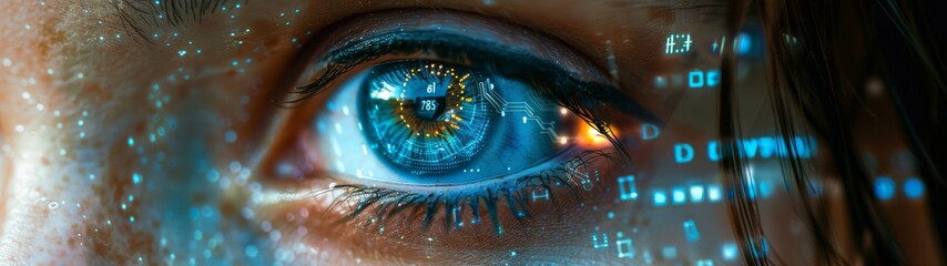Futuristic vision concept, closeup of an eye with digital elements and blue data glow
