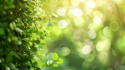 Fototapeta premium Blurred background of green trees in spring with a bokeh effect. Background for design, banner or cover. The image has a blurred background of green trees in spring captured in the style of bokeh pho