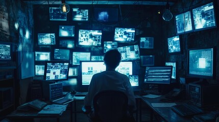A darkened room illuminated only by the glow of computer screens, with a lone hacker sitting amidst the digital chaos, manipulating code with skillful precision to breach secure systems.