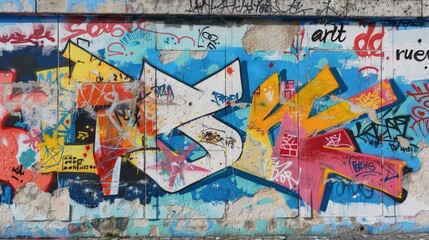 A vibrant display of graffiti art adorns a weathered brick wall, showcasing an explosion of colors, shapes, and designs.
