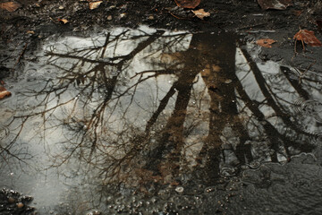 Fototapeta premium Distorted reflections of trees in a rainwater puddle, with their fragmented forms and rippling surfaces 