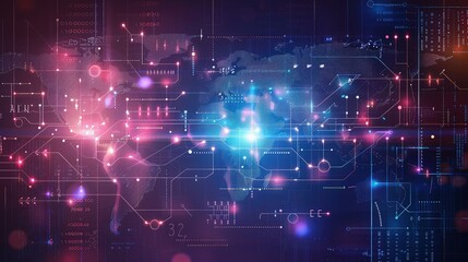 Fototapeta premium A dynamic digital background featuring a complex network of interconnected lines and nodes that glow in a spectrum of neon colors against a deep black canvas. 