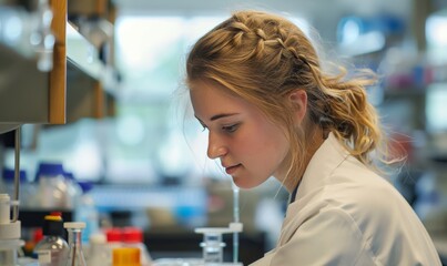 Young woman, medical student intern working in the lab