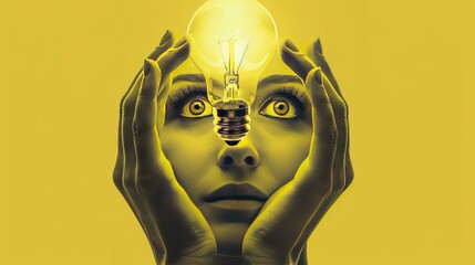 Creative abstract template graphics collage of hands eyes holding high bulb having idea isolated yellow color background AI generated
