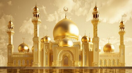 Obraz premium An elegant and spiritual depiction of a golden mosque silhouette, radiant and detailed, set against a subtle light golden background that mimics the early morning sky on EID ul Adha. 