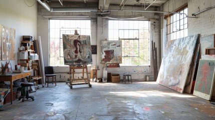 Inside a spacious artist's studio with large windows and scattered paint