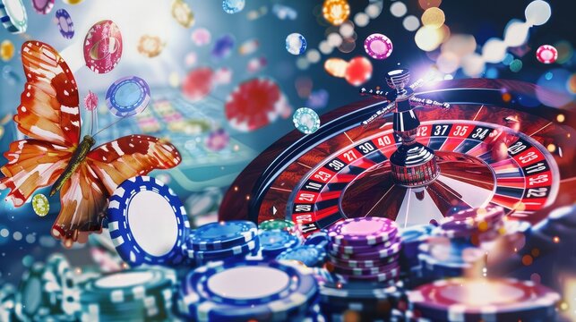 Casino with bright chips, game patterns, a lucky butterfly, bettor's guide, and gambling balloons.