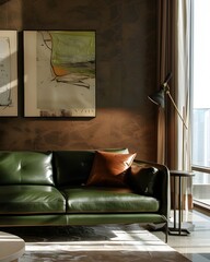 fashionable 3d mockup style features a dark green leather sofa