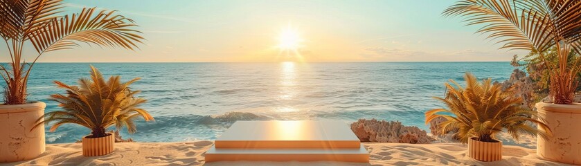 Product launch on a sandy beach podium, golden sunlight blending with azure seas, summer elegance