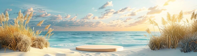 Product launch on a sandy beach podium, golden sunlight blending with azure seas, summer elegance