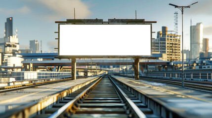 Obraz premium A modern citys train track is interrupted by a billboard featuring a mockup advertisement