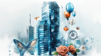 Skyscraper with blue facades, architectural hexagons, an urban butterfly, city compass, and skyline balloons.