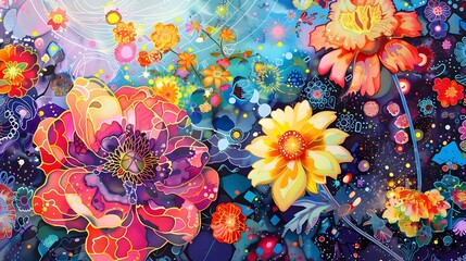 Doodled Flowers in Vibrant Color Tapestry A Whimsical Narrative of Natures Untamed Beauty Generative ai