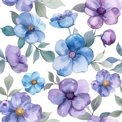 watercolor Seamless pattern  violet flowers on white background.