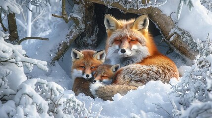Fototapeta premium An enchanting scene of a fox and her cubs snuggled in a snowy den, their vibrant coats contrasting against the pristine white snow, symbolizing warmth in the heart of winter.