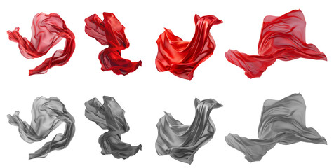 2 Collection set of red maroon grey gray silk satin cloth fabric floating flying in the air on transparent background cutout, PNG file. Mockup template for artwork graphic design