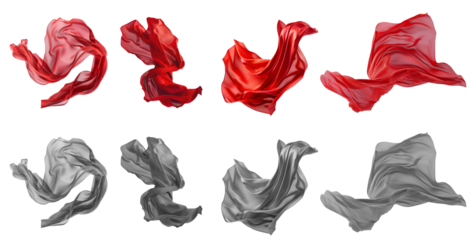 2 Collection set of red maroon grey gray silk satin cloth fabric floating flying in the air on transparent background cutout, PNG file. Mockup template for artwork graphic design