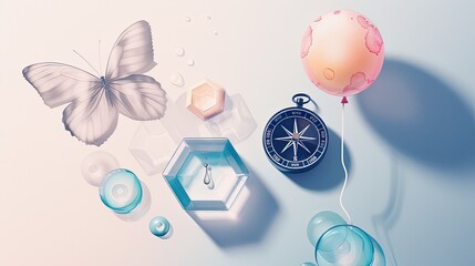 Refined liquid drop with hexagonal shadow patterns, reflective butterfly, streamlined compass, and soft-tone balloons.