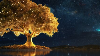 An artistic rendition of a golden tree with flowing, wavy branches against an indigo background, where the glitter elements are arranged in swirling patterns like Van Gogh's Starry Night. 