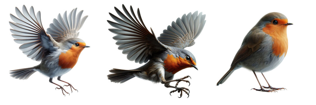 Detailed Set of Robin Birds Flying, Standing, and Attacking, Isolated on Transparent or White Background