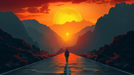   Person strolls along a mountain road with sunset-tinged horizon, towering peaks behind