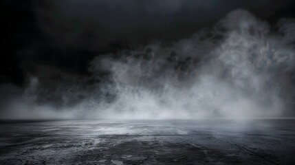 Obraz premium Studio show with white smoke on black background. Abstract backdrop. Modern and classic style. Product presentation with copy space