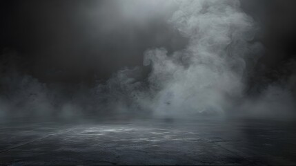 Fototapeta premium Studio show with white smoke on black background. Abstract backdrop. Modern and classic style. Product presentation with copy space
