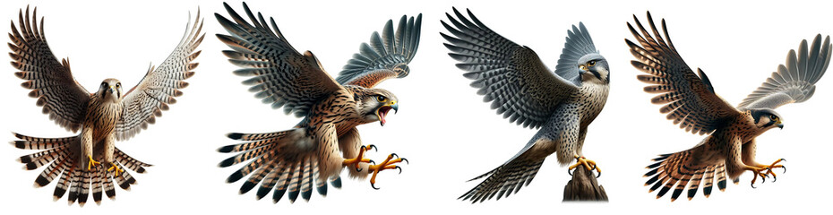 Detailed Set of Falcon Bird Flying, Standing, and Attacking, Isolated on Transparent or White Background