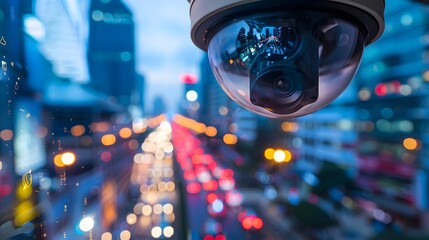 Surveillance camera hanging on a wall at a street in a big city at night with bokeh lights in the background